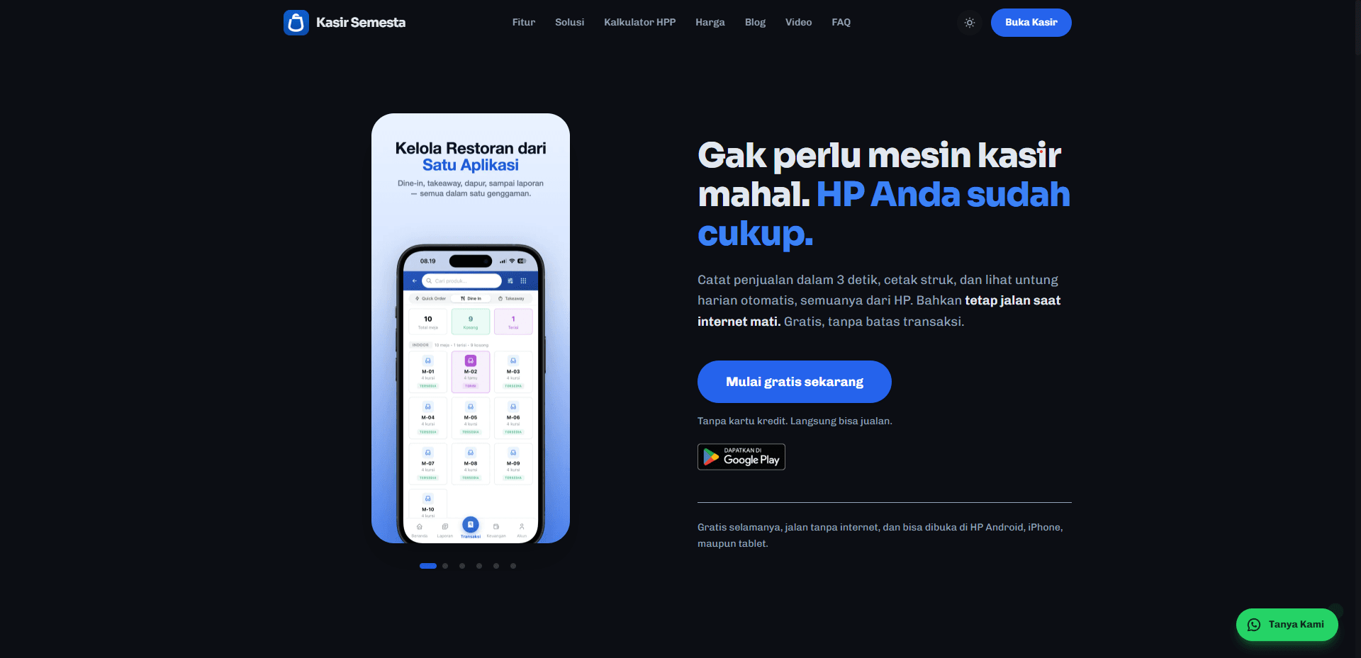 Halaman depan Kasir Semesta: aplikasi kasir di HP dengan judul "Gak perlu mesin kasir mahal. HP Anda sudah cukup."