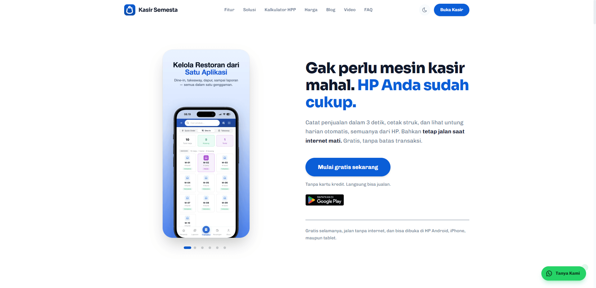 Halaman depan Kasir Semesta: aplikasi kasir di HP dengan judul "Gak perlu mesin kasir mahal. HP Anda sudah cukup."